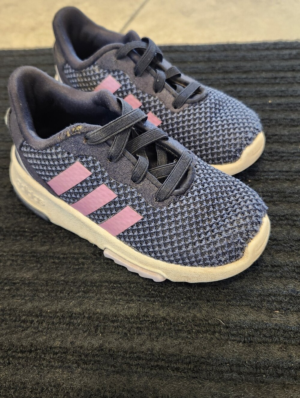 adidas Kids Navy Knit Sneakers with Pink Three Stripes